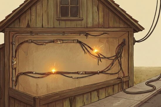 Ilustração de casa antiga com fiação remendada brilhando, simbolizando kundalini e sistema nervoso sob alta carga.