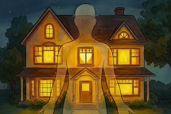 Ilustração de casa-corpo com janelas amarelas acesas à noite, sugerindo que Tantra é um caminho seguro.