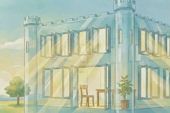 Ilustração de castelo de vidro abrindo janelas, luz entra simbolizando confiança em contraponto a corpo em alerta ao toque.