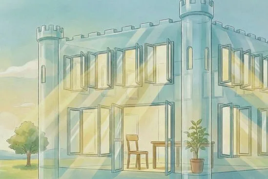 Ilustração de castelo de vidro abrindo janelas, luz entra simbolizando confiança em contraponto a corpo em alerta ao toque.