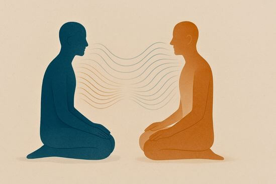 Ilustração de duas pessoas conectadas por linhas suaves, representando a co-regulação entre terapeuta e cliente.