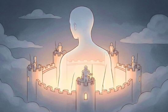 Ilustração de corpo-castelo com sentinelas em alerta, simbolizando antigo medo de ser tocado.