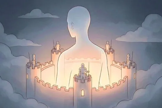 Ilustração de corpo-castelo com sentinelas em alerta, simbolizando antigo medo de ser tocado.