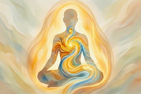 Ilustração de corpo com ondas de tensão se acalmando, refletindo a pergunta como se preparar para um workshop de Tantra.