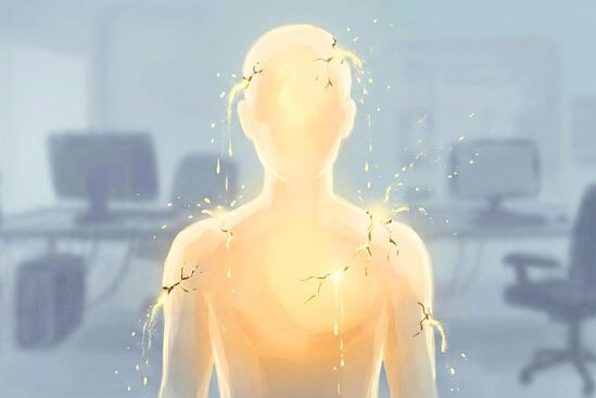 Ilustração de corpo com pequenas rachaduras luminosas, simbolizando falta de energia no trabalho.