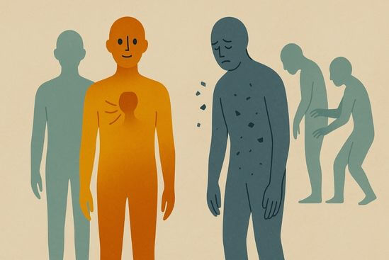 Ilustração de corpo dividido entre presença e congelamento, simbolizando assimetria de poder na terapia tântrica.