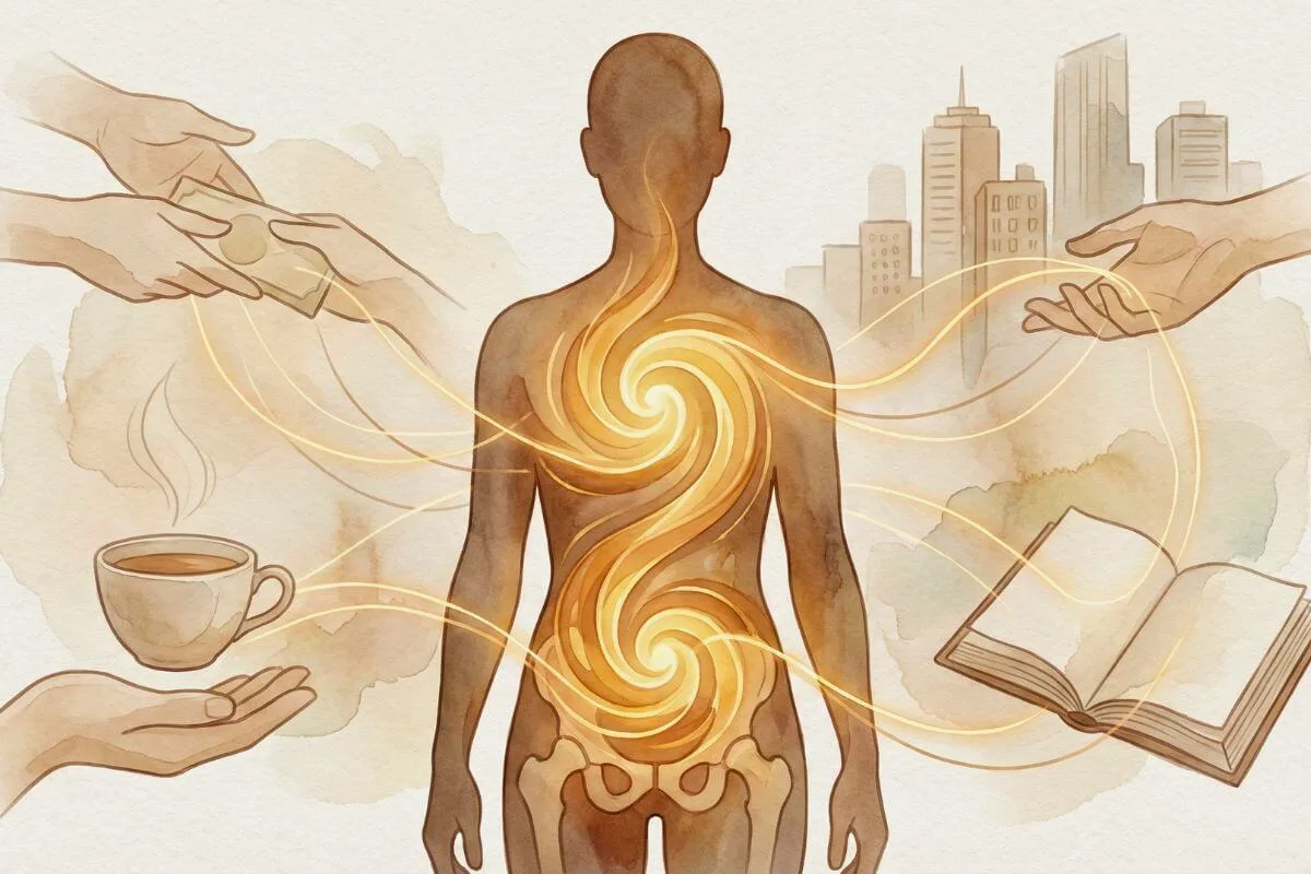 Ilustração de corpo humano com fluxo luminoso interno mostrando que dinheiro é energia de troca, explicando como melhorar a relação com o dinheiro.