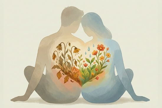 Ilustração de dois corpos próximos com um jardim florescendo entre eles, mostrando como manter viva a conexão no relacionamento.