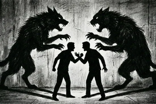 Ilustração de duas pessoas conversando cujas sombras projetadas assumem formas de animais em defesa, explicando como não perder o controle numa discussão.