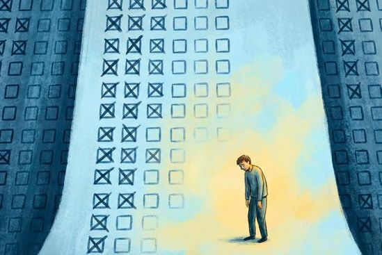Ilustração de figura pequena diante de enorme painel de tarefas marcadas, mostrando o peso de um checklist espiritual exaustivo.
