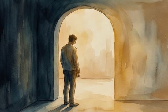 Ilustração de figura diante de portal luminoso, simbolizando como transformar solidão em solitude.