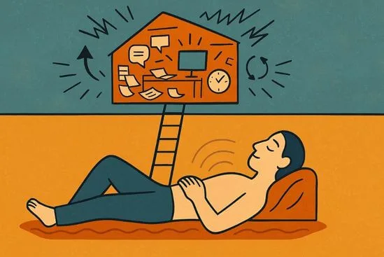 Ilustração de loft barulhento acima de um corpo sereno, mostrando a diferença entre viver na mente e no corpo.