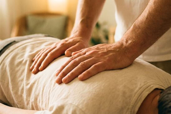 Fotografia de mãos pressionando firmemente as costas de uma pessoa, demonstrando como preparar o corpo para a kundalini através do toque e aterramento.