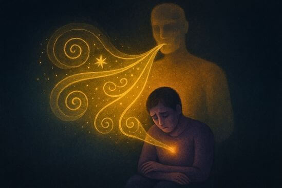 Ilustração de pessoa encolhida diante de figura espiritual luminosa, sugerindo limites éticos da terapia tântrica.