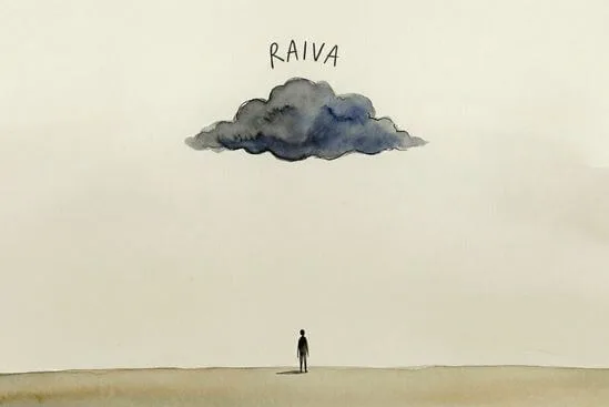 Ilustração de uma pessoa pequena observando uma grande nuvem passar à distância, simbolizando a regulação emocional nas discussões através da observação e nomeação.