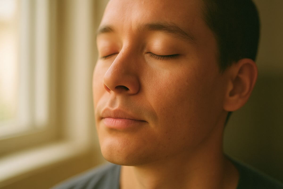 Close-up do rosto sereno de uma pessoa de olhos fechados sentindo a luz natural, um momento de como consciência corporal.