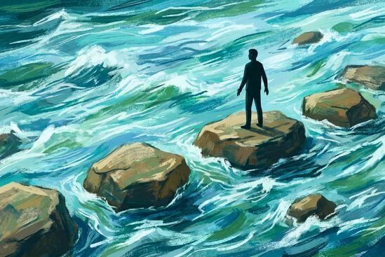 Ilustração de pessoa em pé sobre pedra firme em rio turbulento, simbolizando rituais simples de presença na sua vida como âncoras.