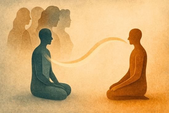 Ilustração de terapeuta e cliente conectados por fluxo energético, explorando transferência e contratransferência com responsabilidade.