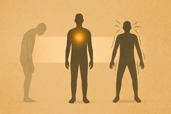 Ilustração de três figuras, do colapso à presença e agitação, representando a dissociação traumática.