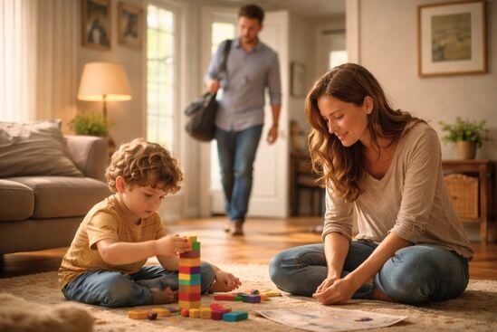 Pais presentes com filho brincando na sala, revelando como o clima emocional da casa molda a criança.