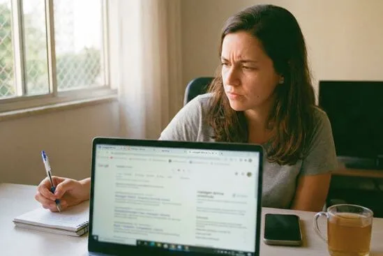 Pessoa avaliando anúncios no laptop em casa, refletindo se a massagem tântrica é sexo ou terapia.