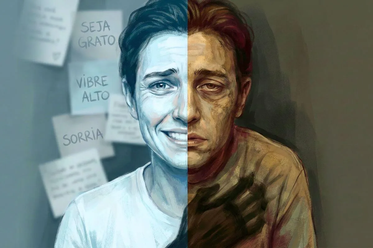 Ilustração de pessoa dividida entre luz forçada e sombra tensa, simbolizando a Positividade Tóxica.