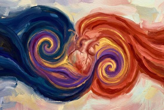 Pintura artística de fluxos de energia azul e vermelha se misturando, simbolizando a união de Shiva e Shakti e das polaridades internas.