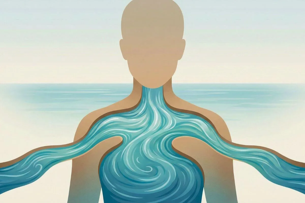 Ilustração de corpo-rio onde Tantra e Bioenergética se encontram como dois fluxos de água.