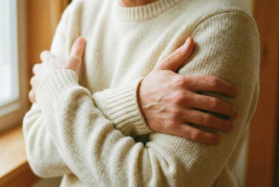 Mãos cruzadas segurando firmemente os próprios braços em gesto de acolhimento, representando a segurança na relação entre Tantra e emoções.