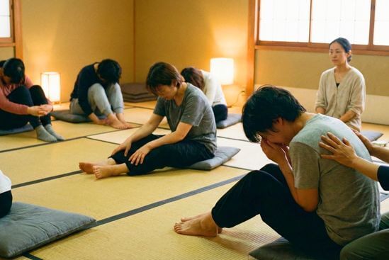 Grupo em vivência de respiração intensa com facilitador atento, expressando Tantra e psicologia no corpo.
