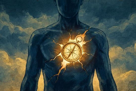 Ilustração de uma bússola dourada brilhando dentro de uma silhueta escura, representando o desejo oculto ao entender como lidar com a inveja.