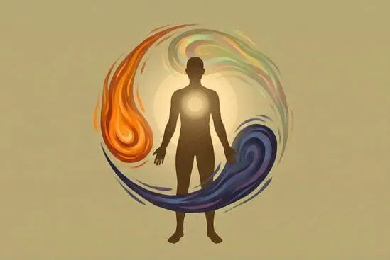 Ilustração de figura central rodeada por três energias equilibradas, mostrando como o Tantra pode me ajudar a integrar emoções.