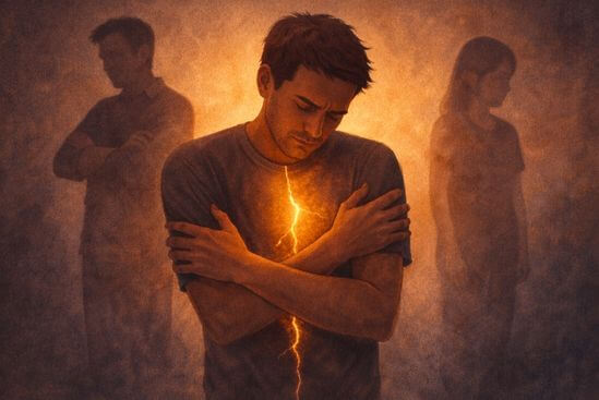 Ilustração de adulto abraçando os próprios ombros diante de sombras parentais, simbolizando culpa na maternidade e a rachadura de luz que permite um novo caminho.