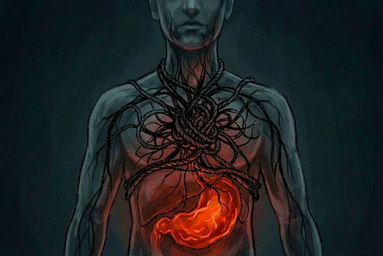 Ilustração simbólica de um corpo humano mostrando um nó apertado na garganta reprimindo as emoções difíceis no peito.