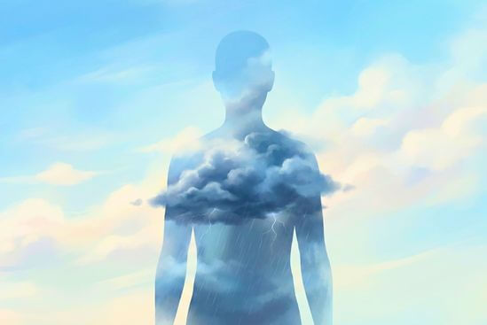 Ilustração de céu amplo contendo nuvens de tempestade, representando emoções difíceis acolhidas sem repressão.