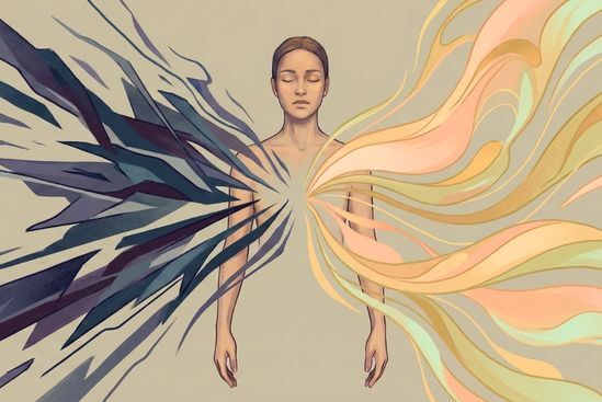 Ilustração de figura em encruzilhada interna escolhendo autocuidado, ponderando benefícios da massagem tântrica terapêutica.