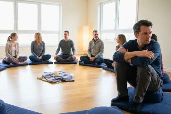 Grupo sentado em círculo durante encontro, com uma pessoa desconfortável na borda, simbolizando espiritualidade encarnada com limites.