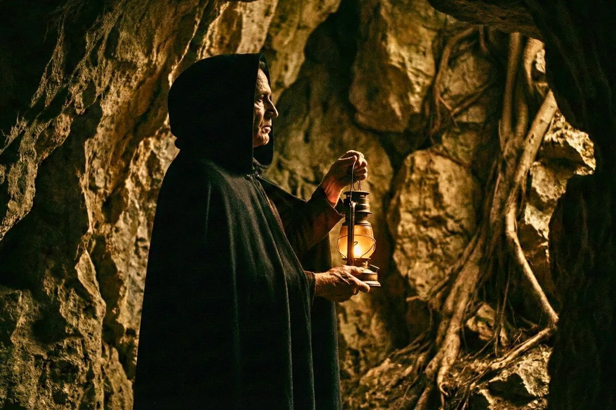 Silhueta humana segurando uma luz em ambiente escuro, simbolizando a proteção das guardiãs na espiritualidade tântrica.