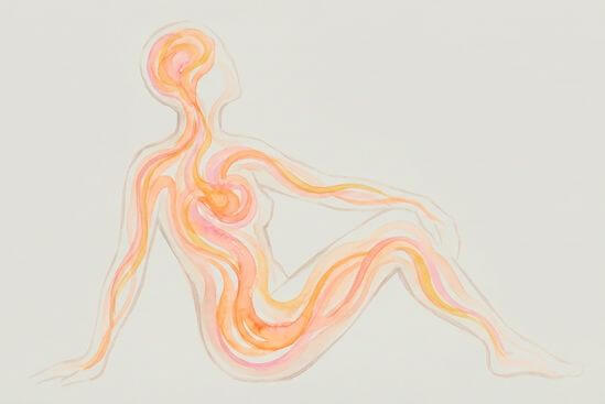 Ilustração artística de fluxo de energia percorrendo o corpo, representando a integração da nudez na massagem tântrica.
