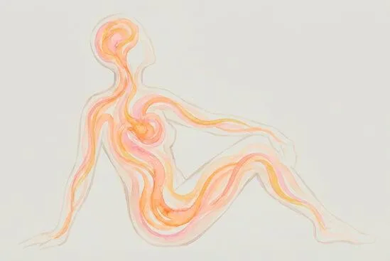 Ilustração artística de fluxo de energia percorrendo o corpo, representando a integração da nudez na massagem tântrica.