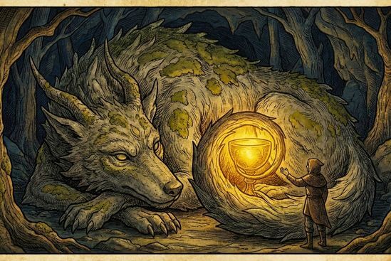 Ilustração de uma figura humana acariciando uma criatura sombria que protege uma luz, representando a integração da sombra e o tesouro oculto.