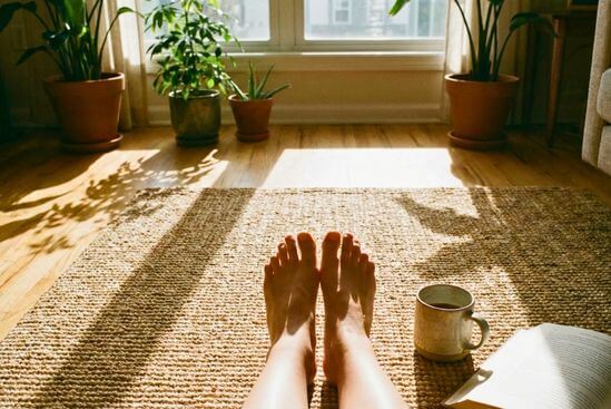 Pés descalços descansando em ambiente doméstico iluminado pelo sol, simbolizando a integração da liberação emocional no corpo no dia a dia.