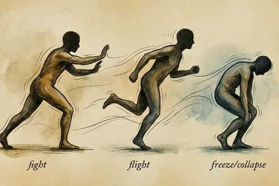 Ilustração de corpo em luta, fuga e congelamento, mostrando, no contexto de tantra e emoções intensas, respostas de sobrevivência.