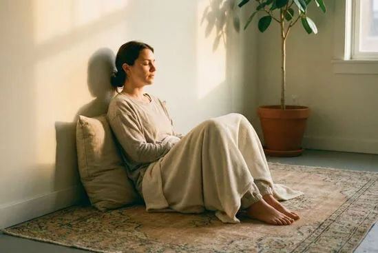 Pessoa sentada encostada na parede, olhos semi-fechados e expressão cansada porém tranquila, sugerindo liberação emocional integrada e o que é liberação emocional.