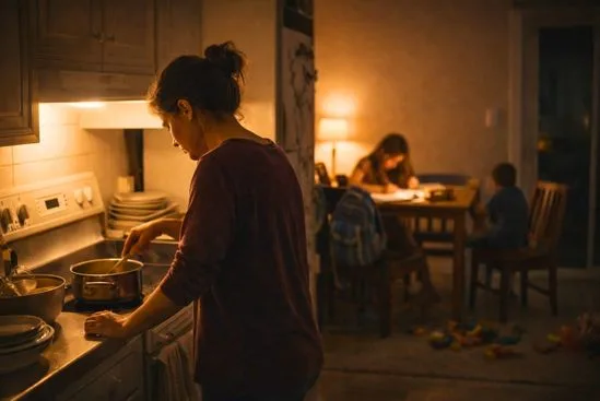 Pai ou mãe solo prepara o jantar em cozinha simples enquanto os filhos estão por perto, mostrando pais presentes em meio à sobrecarga.