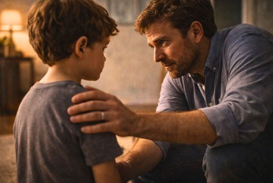 Pai agachado na altura dos olhos do filho para conversar e pedir desculpas, fortalecendo a relação com os filhos e o vínculo de confiança.