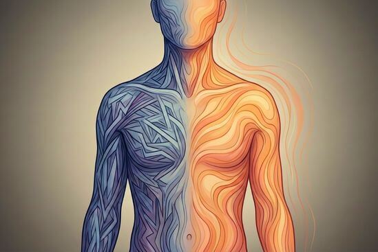 Ilustração de silhueta humana com sistema nervoso relaxando, simbolizando benefícios da massagem tântrica terapêutica.