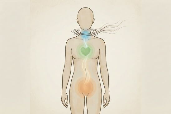 Ilustração de figura humana com luz na garganta e tensões na região do pescoço se abrindo em fluxo.