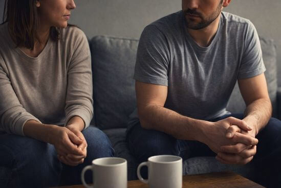 Casal próximo, mas emocionalmente distante, em cena de vulnerabilidade masculina bloqueada.