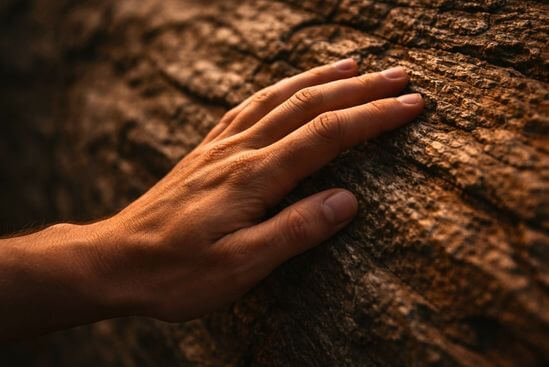 Close-up de mão humana tocando casca de árvore rugosa, ilustrando a preparação para retiro de autoconhecimento através do contato com a realidade.